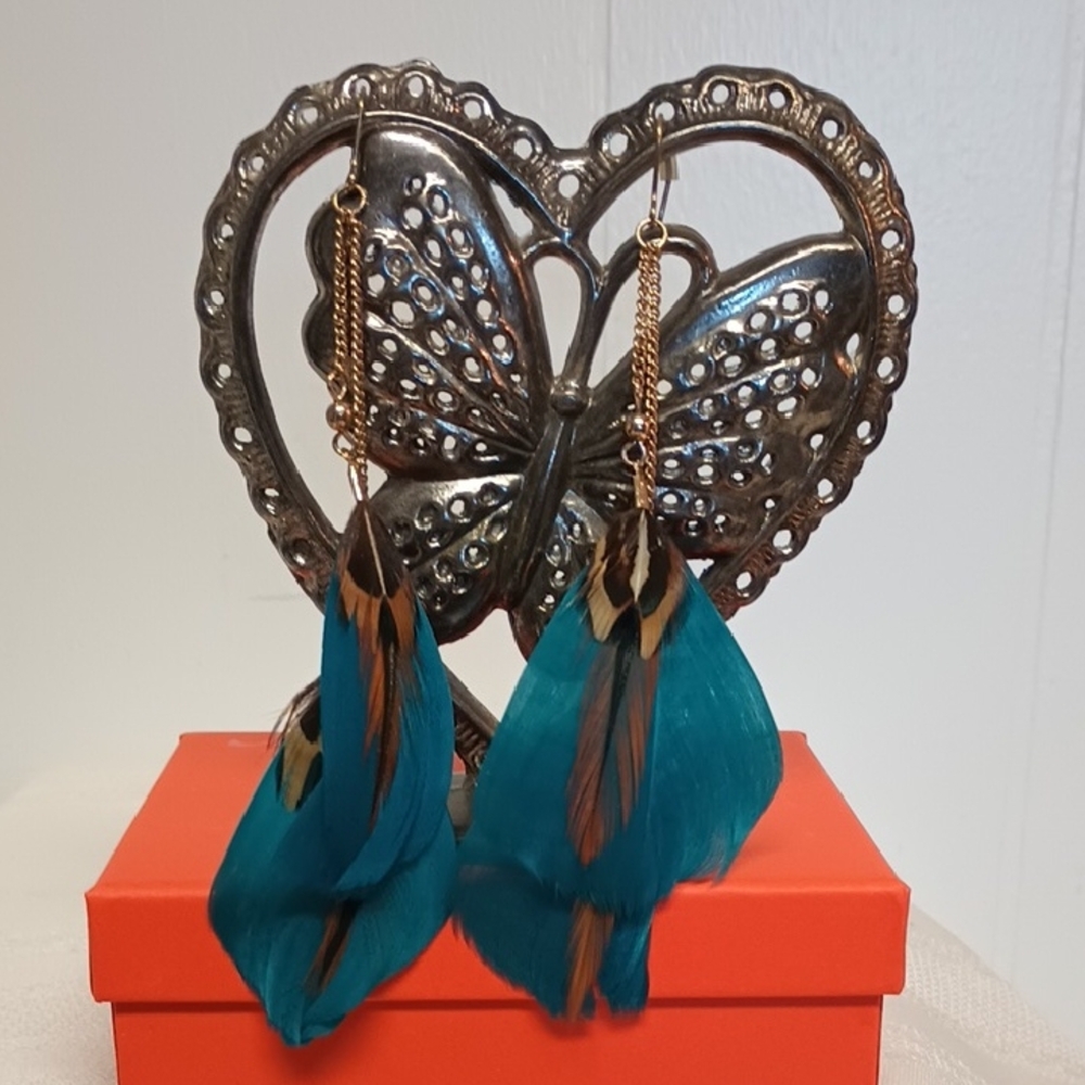 Vintage Gold Tone Blue Feather Dangle Earrings